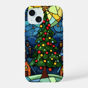Stained Glass Christmas Tree Holiday Night Scene iPhone 15 Case