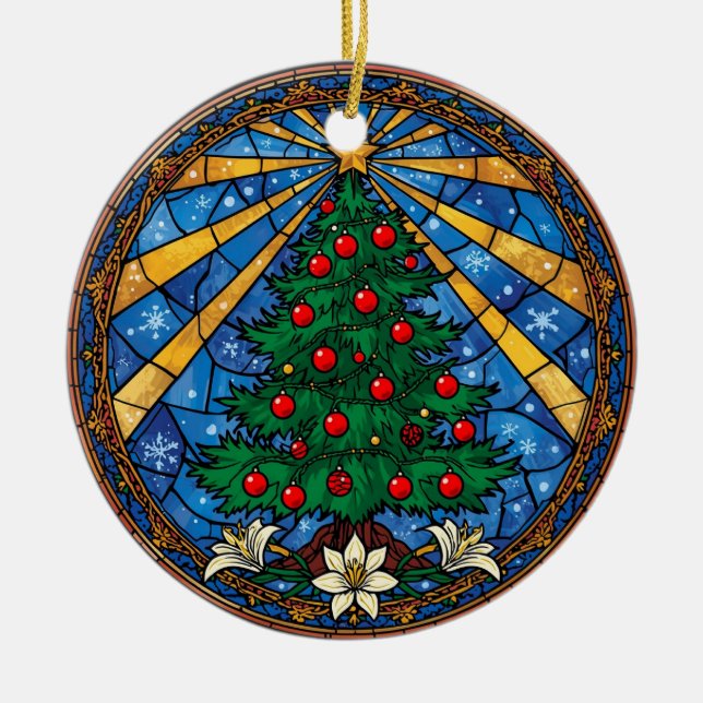 Stained Glass Christmas Tree & Lilies Ceramic Ornament (Front)