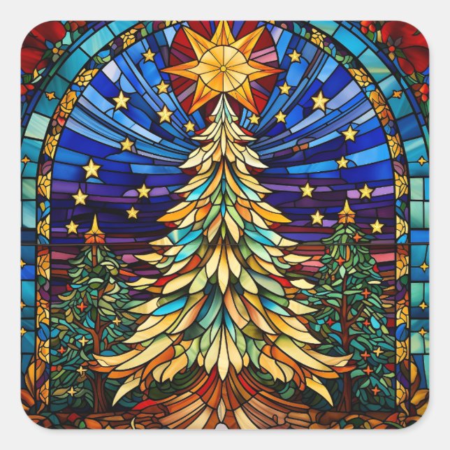Stained Glass Christmas Tree Square Sticker (Front)