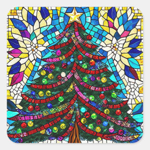 Stained Glass Christmas Tree with Colour Ornament Square Sticker