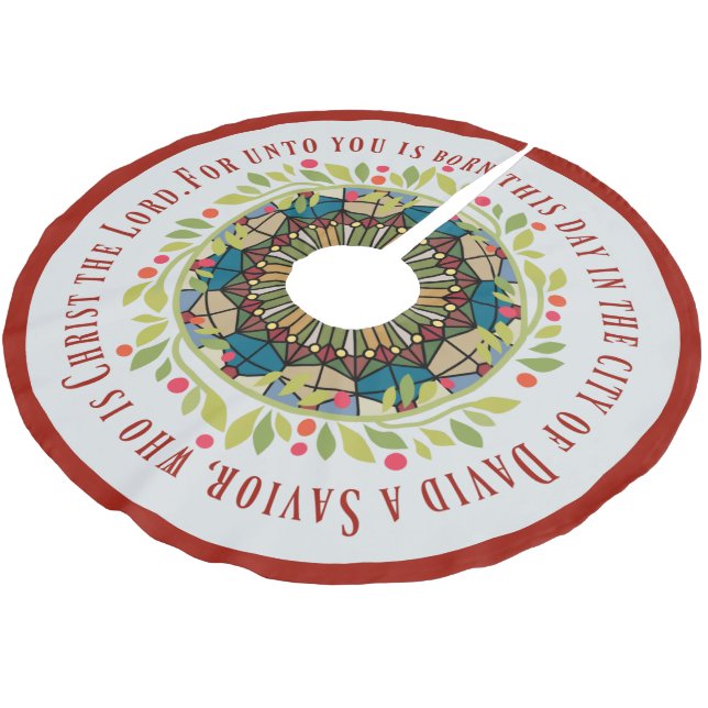 Stained Glass Christmas Wreath Luke 2:11 Verse Brushed Polyester Tree Skirt (Angled)