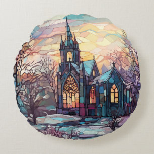 Stained Glass Church Round Pillow