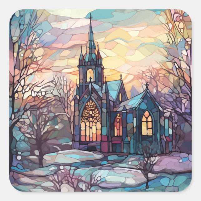 Stained Glass Church Square Stickers (Front)