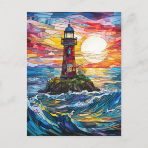 Stained Glass Coastal Lighthouse Art Postcard