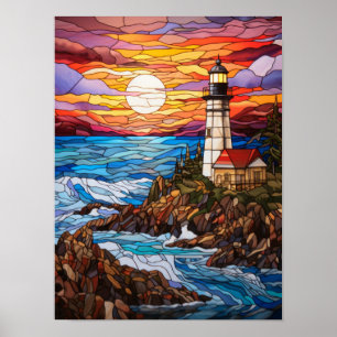 Stained Glass Coastal Lighthouse Sunset Poster