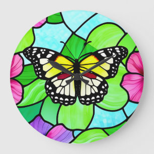 Stained Glass Colorful Butterfly Large Clock