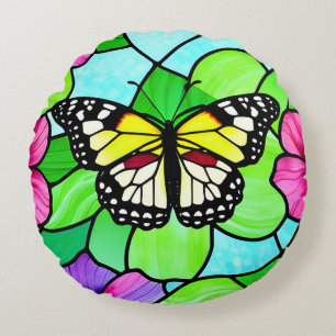 Stained Glass Colorful Butterfly  Round Pillow