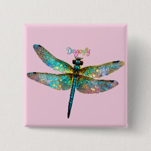 Stained Glass Colorful Dragonfly 2 Inch Square Button