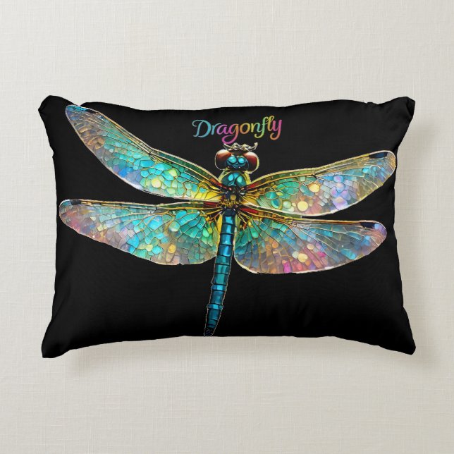 Stained Glass Colorful Dragonfly Accent Pillow (Front)