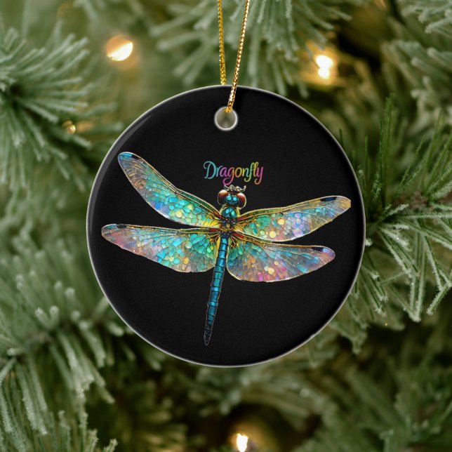 Stained Glass Colorful Dragonfly Ceramic Ornament (Tree)