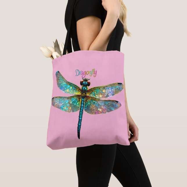 Stained Glass Colorful Dragonfly Tote Bag (Close Up)