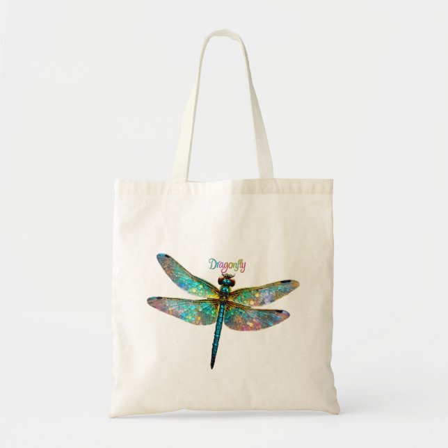 Stained Glass Colorful Dragonfly Tote Bag (Front)