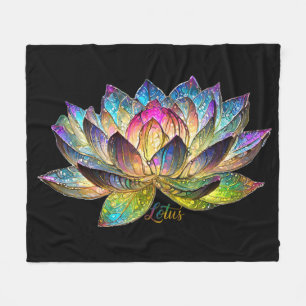 Stained Glass Colorful Lotus Flower on Black Fleece Blanket
