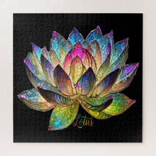 Stained Glass Colorful Lotus Flower on Black Jigsaw Puzzle