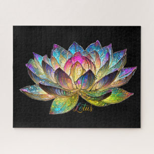 Stained Glass Colorful Lotus Flower on Black Jigsaw Puzzle