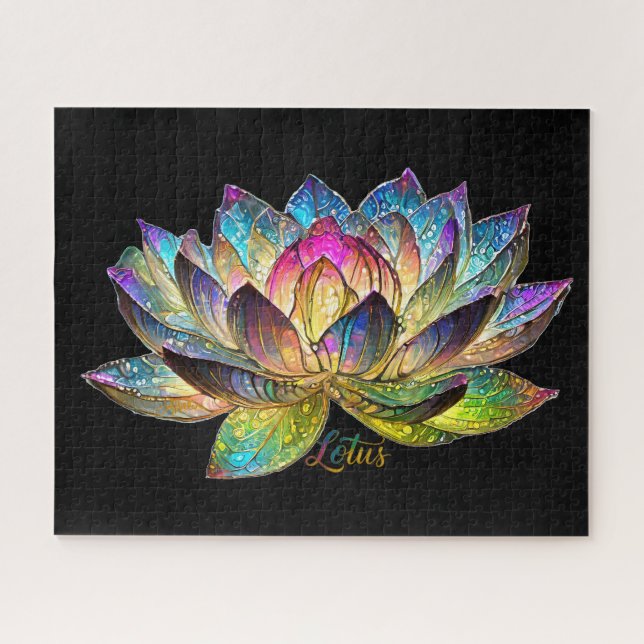 Stained Glass Colorful Lotus Flower on Black Jigsaw Puzzle (Horizontal)