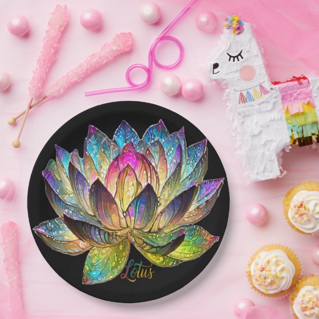 Stained Glass Colorful Lotus Flower on Black Paper Plate (Party)
