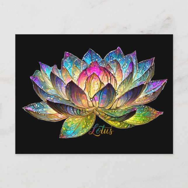 Stained Glass Colorful Lotus Flower on Black Postcard (Front)