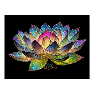 Stained Glass Colorful Lotus Flower on Black Poster