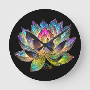Stained Glass Colorful Lotus Flower on Black Round Clock
