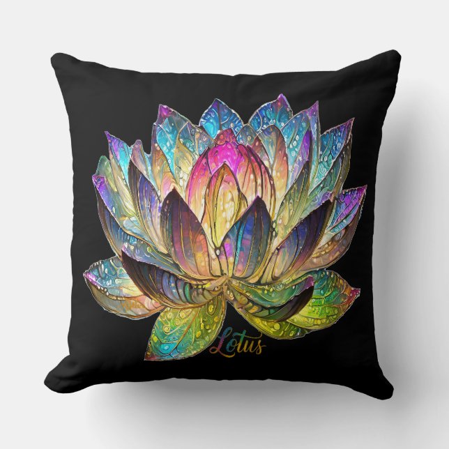Stained Glass Colorful Lotus Flower on Black Throw Pillow (Front)