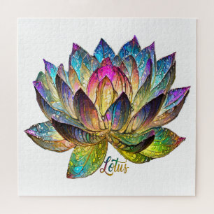 Stained Glass Colorful Lotus Flower on White Jigsaw Puzzle
