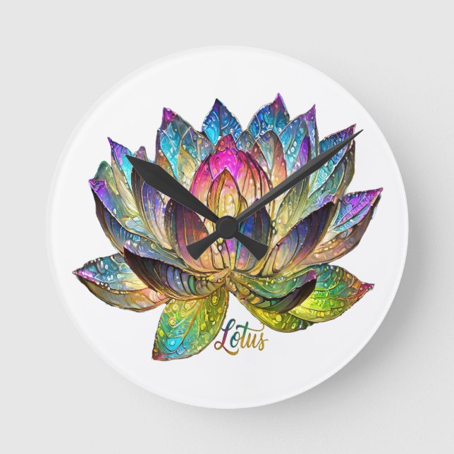 Stained Glass Colorful Lotus Flower on White  Round Clock (Front)