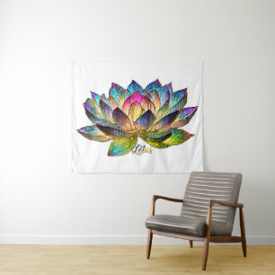Stained Glass Colorful Lotus Flower on White Tapestry