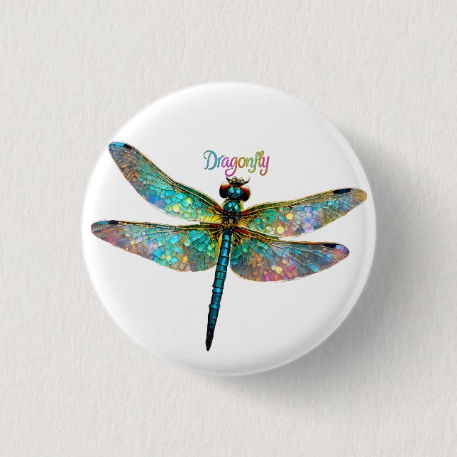Stained Glass Colourful Dragonfly 1 Inch Round Button (Front)