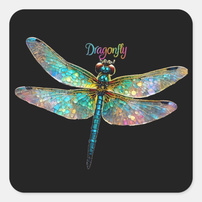 Stained Glass Colourful Dragonfly Square Sticker (Front)