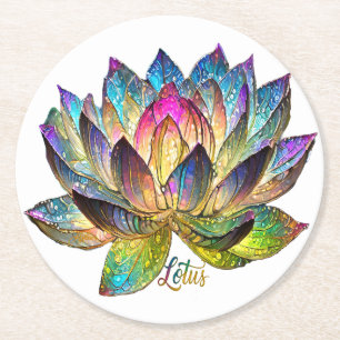 Stained Glass Colourful Lotus Flower on White Round Paper Coaster