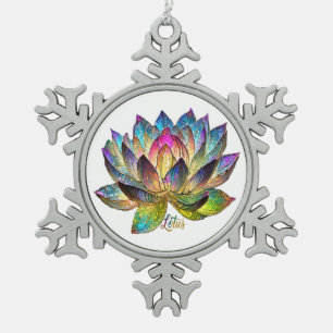 Stained Glass Colourful Lotus Flower on White  Snowflake Pewter Christmas Ornament