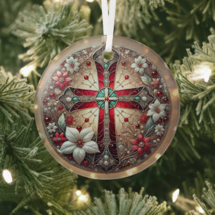 Stained Glass Cross and Poinsettias  Ornament