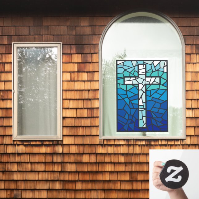 Stained Glass Cross Blue Black White  Window Cling (Home Window)
