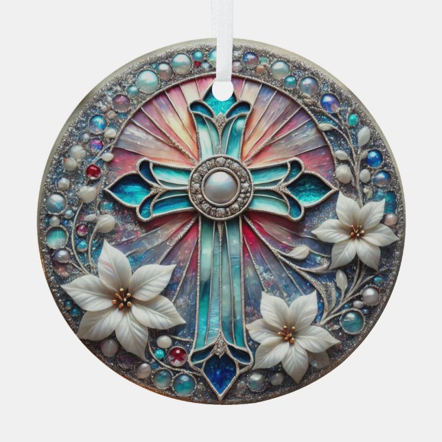 Stained Glass Cross with Pearls and Poinsettias  Glass Ornament (Back)