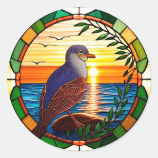 Stained Glass Design Featuring Bird on Rock Classic Round Sticker