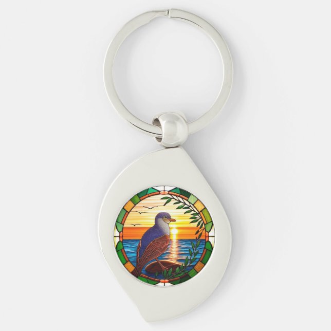 Stained Glass Design Featuring Bird on Rock Keychain (Front)
