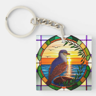 Stained Glass Design Featuring Bird on Rock Keychain