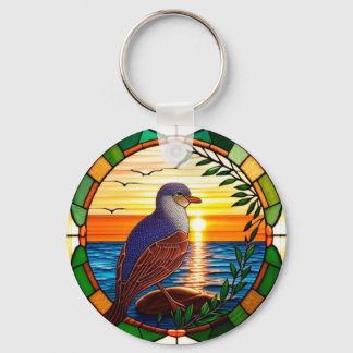 Stained Glass Design Featuring Bird on Rock Keychain