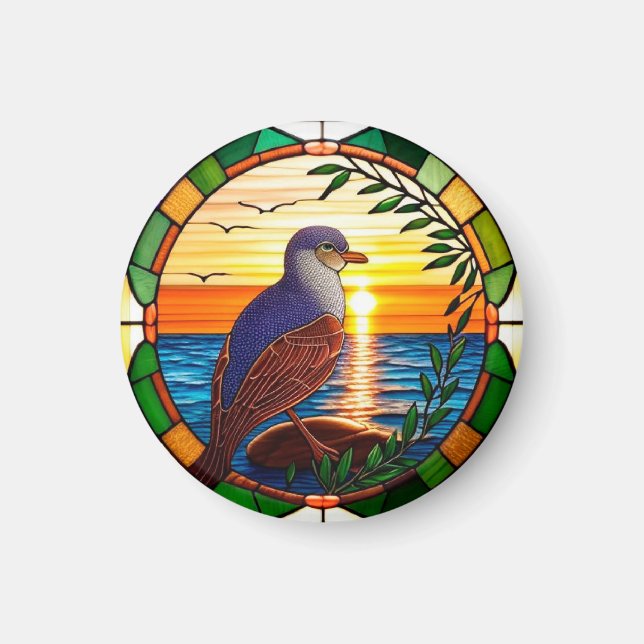 Stained Glass Design Featuring Bird on Rock Magnet (Front)