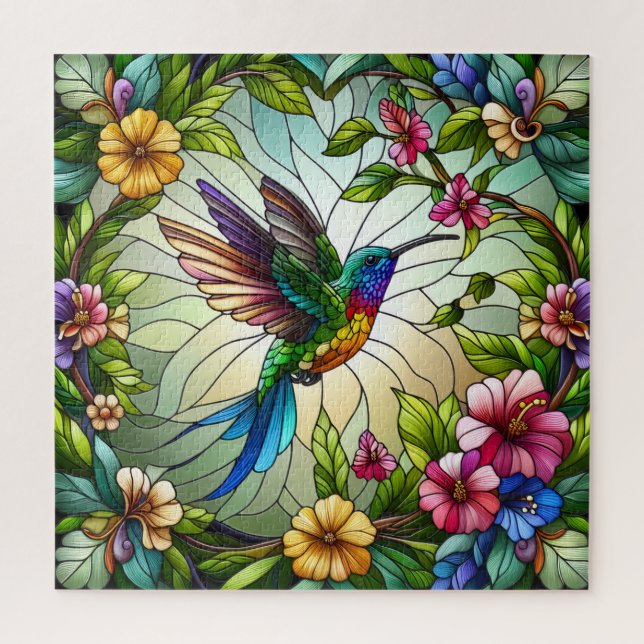 Stained Glass Design of Hummingbird Jigsaw Puzzle (Vertical)
