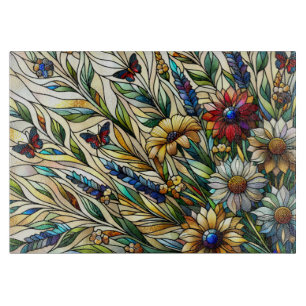 Stained Glass Design Wildflowers and Butterflies Cutting Board