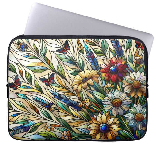 Stained Glass Design Wildflowers and Butterflies Laptop Sleeve (Front)