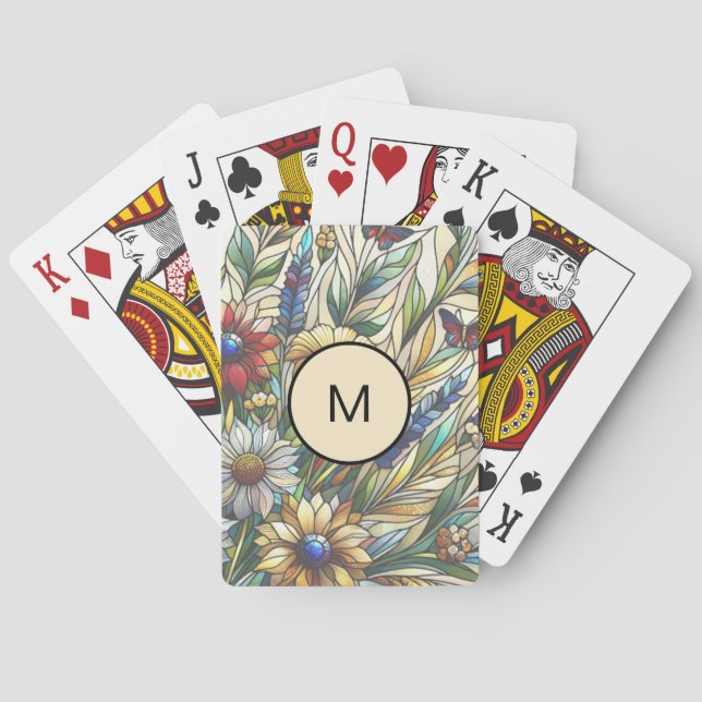 Stained Glass Design Wildflowers Field Monogram Playing Cards (Back)