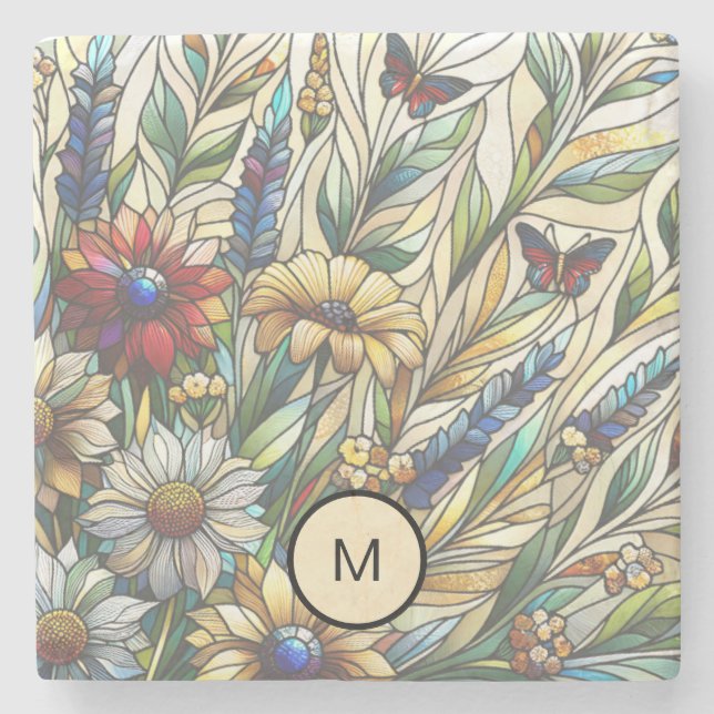 Stained Glass Design Wildflowers Field Monogram Stone Coaster (Front)