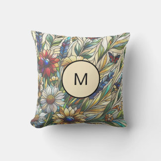 Stained Glass Design Wildflowers Field Monogram Throw Pillow