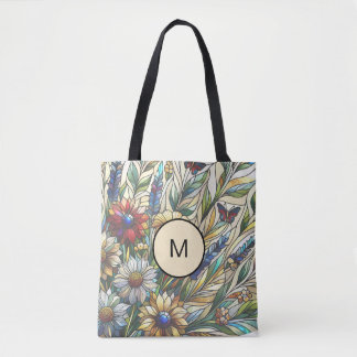 Stained Glass Design Wildflowers Field Monogram Tote Bag