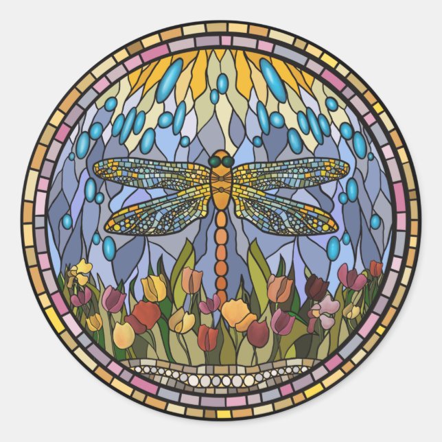 Stained Glass Design with a Dragonfly Classic Roun Round Sticker (Front)