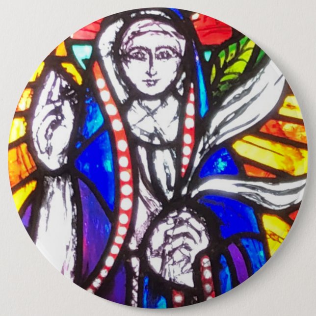 Stained Glass Design with Religious Figure. 6 Inch Round Button (Front)