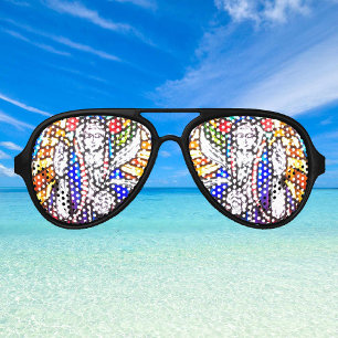 Stained Glass Design with Religious Figure. Aviator Sunglasses